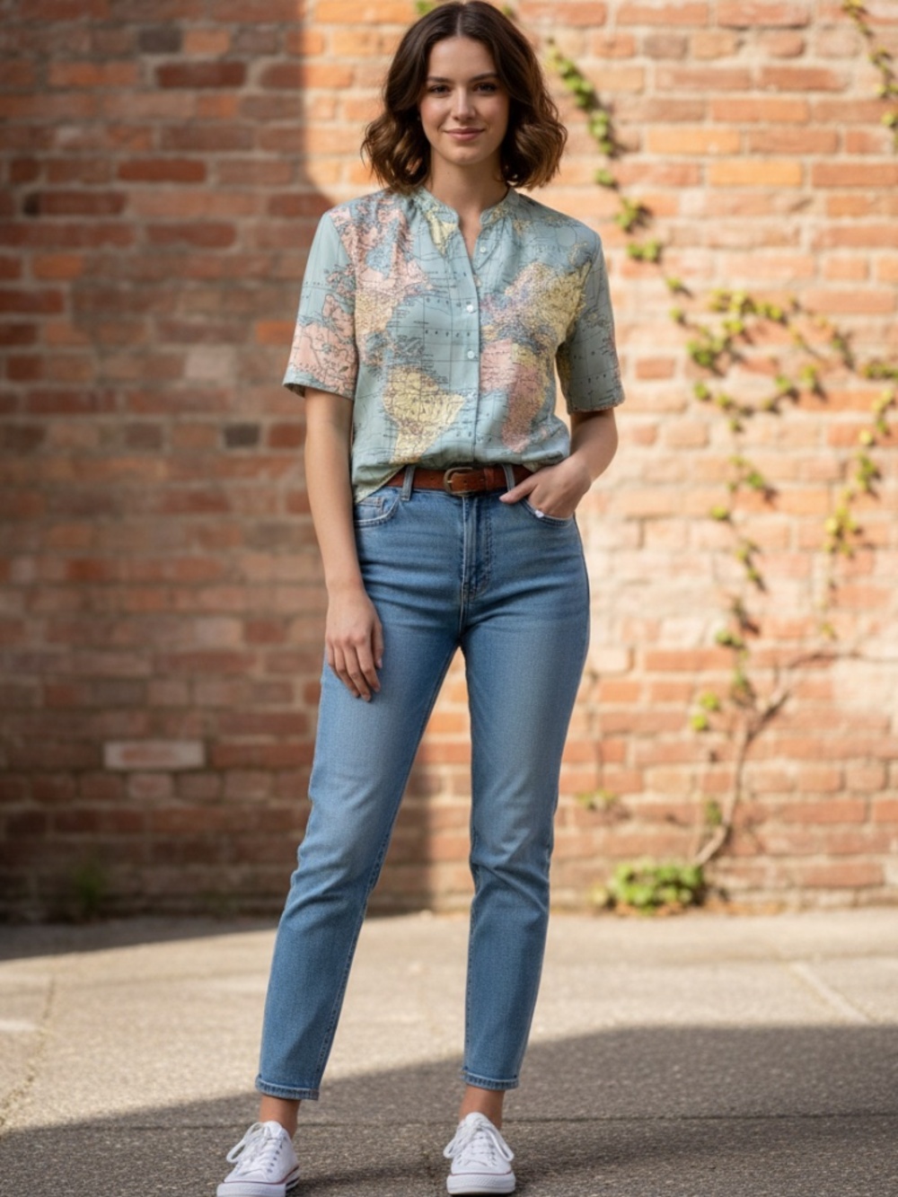 NWOT Map of world blouse Med
